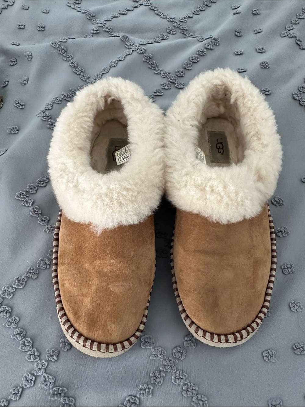 UGG Chestnut Suede Slip-On Slippers with Cream Shearling Collar